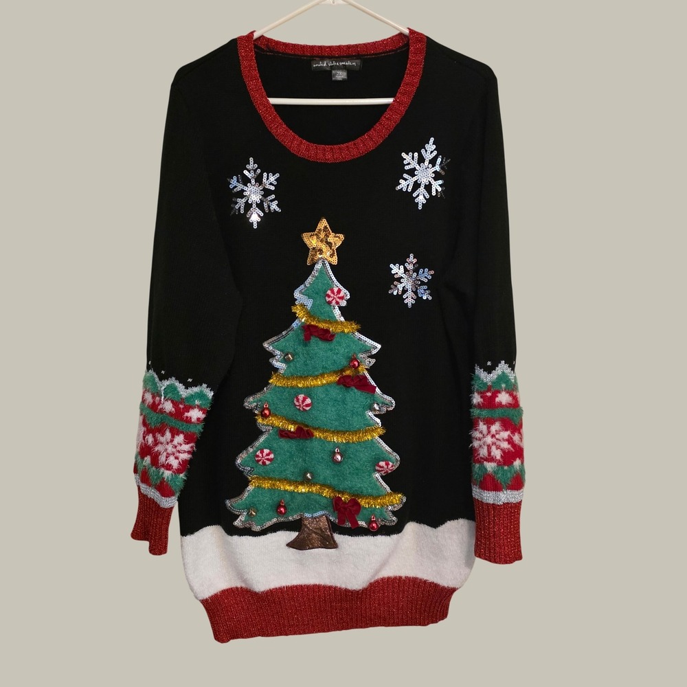 United States Sweaters Womens Sweater Tunic Dress Size 2X Black Ugly Christmas